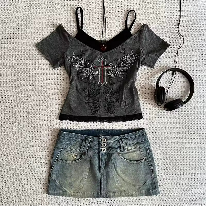 Europe and the United States cross-border summer new rhinestone fake two-piece fashion retro cross pattern women's hot girl short sleeve T-shirt