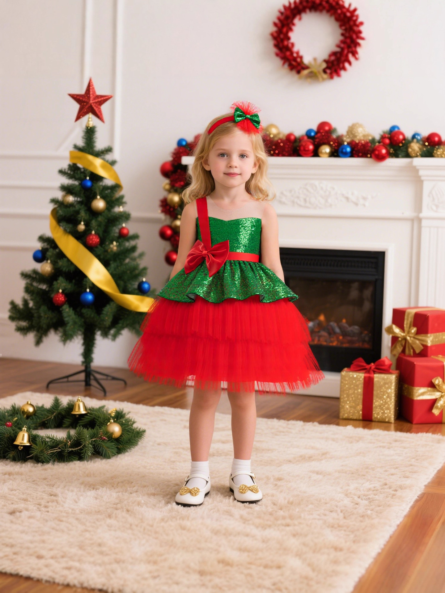 Navidad infantil Navidad elfo vestido de princesa fiesta de Navidad espectáculo de escenario vestido de malla verde