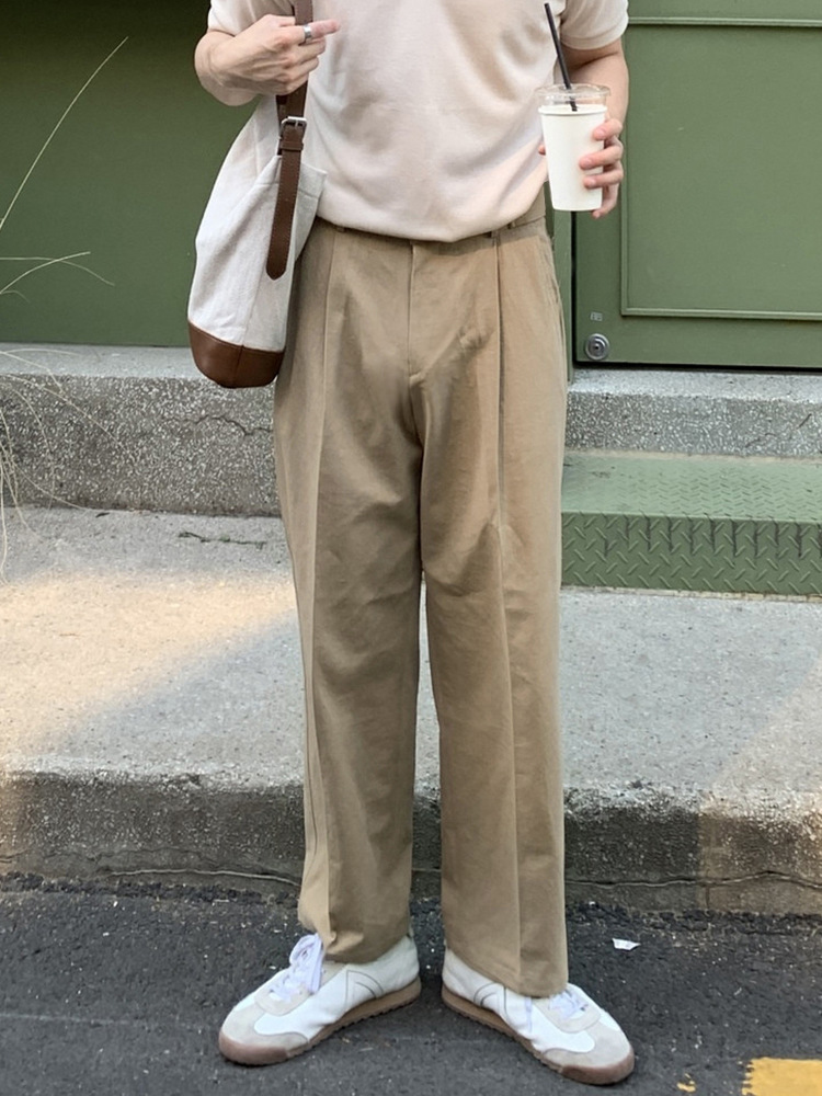 Asclo&Qiao New Men's Khaki Casual Pants, Loose Straight-Leg, Breathable, Versatile Long Pants, Korean Style, Trendy, Thin