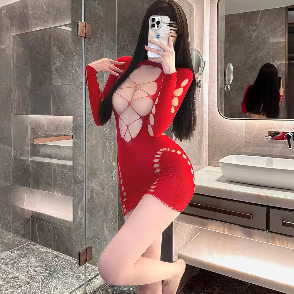 Women’s Long-Sleeve Fishnet Mesh Bodystocking Dress, See-Through Backless One-Piece, Red One Size — detail image 3