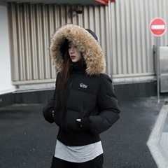 2025冬季短款毛领连帽羽绒棉服收腰显瘦高级感大毛领外套