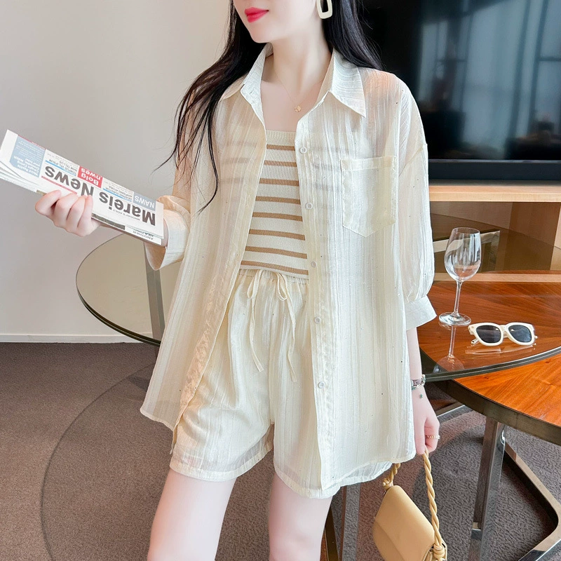 2025 лето новый свободный повседневный солнцезащитный рубашка топ в полоску камзол шорты из трех частей