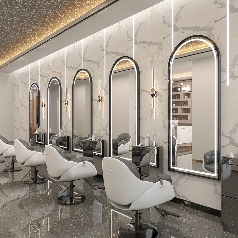 Barbería en línea tabla de espejo salón especial tipo pared simple barbería espejo de piso LED tabla de espejo de escaldado control táctil