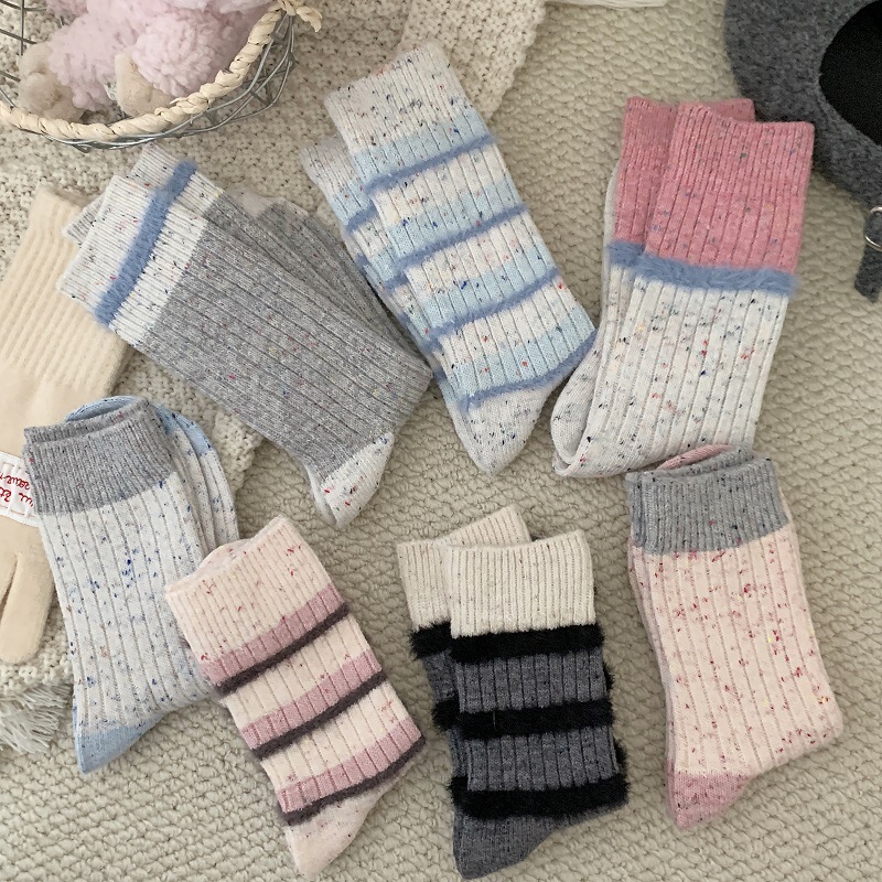 Striped Dot Yarn Wool Socks Children's Thick Line Stacking Socks in Autumn and Winter Korean Style in Wind Contrast Color Mink Wool Stockings