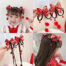 中國風流蘇發夾新年紅色兒童漢服蝴蝶結頭飾古風發卡過年頭花發飾