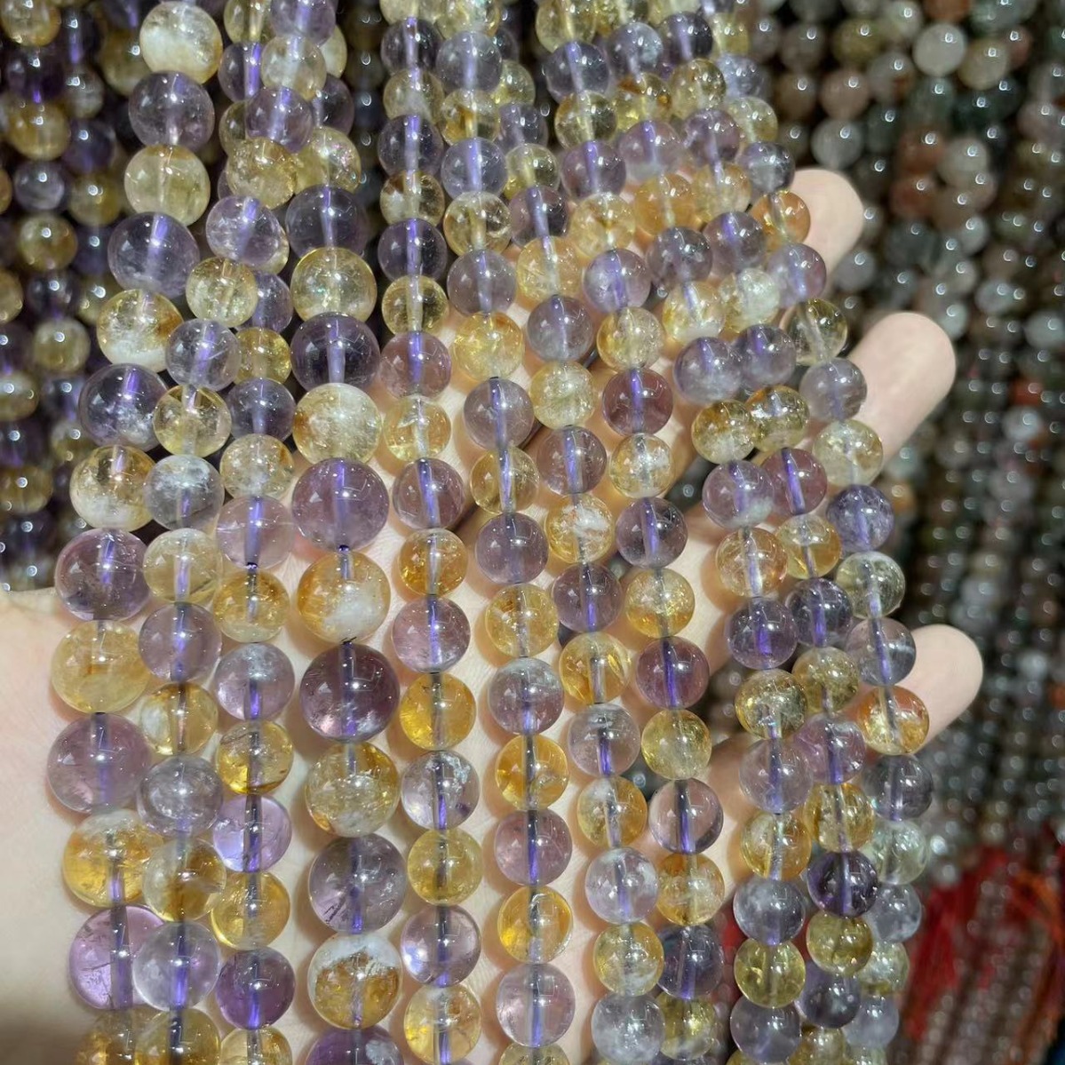 天然紫黃晶散珠圓珠雙色混穿水晶石圓珠半成品 批髮飾品配件批發