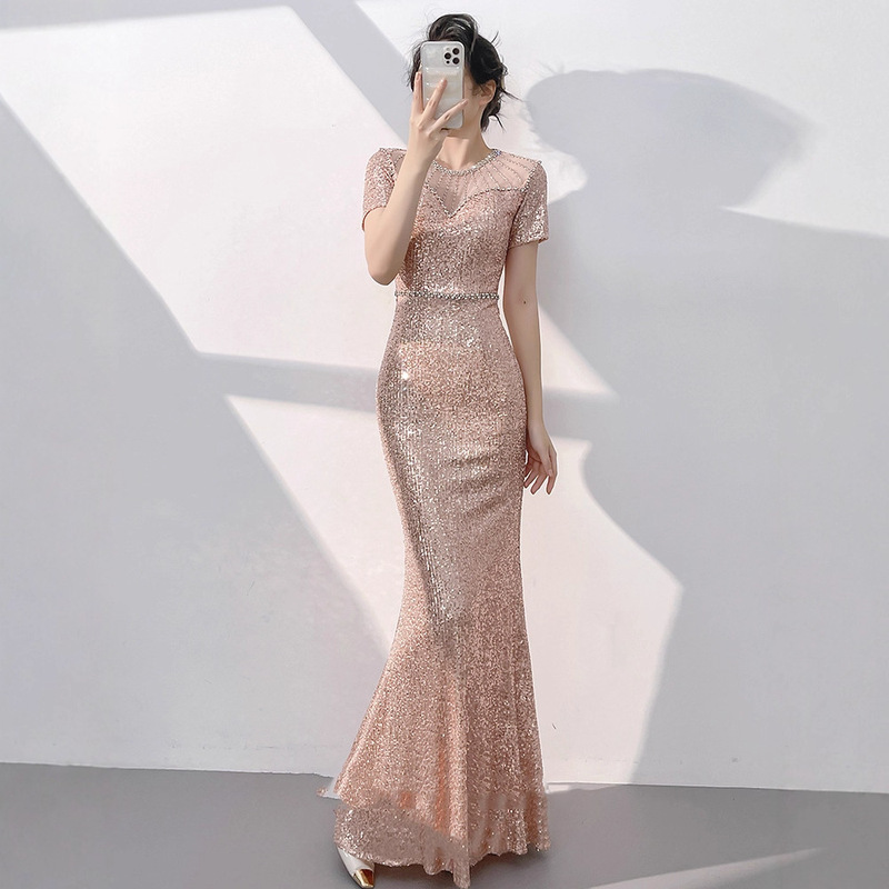 Banquet Evening Dress for Women 2026 New Style High-End Rose Gold Fishtail Sequin Dress Elaborate Elegant High-Class Hostess