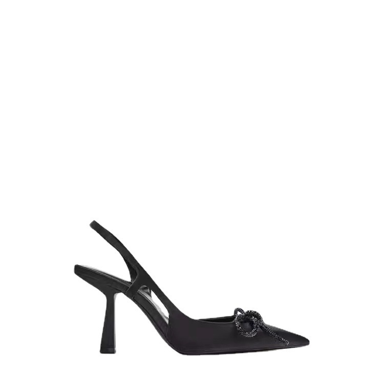 New pointed black shiny bow high-heeled shoes with exposed heel and ankle strap, shallow mouth sandals for women