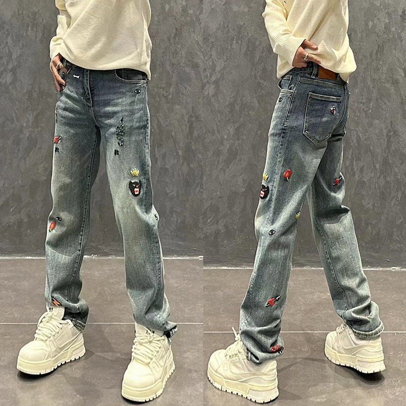 Blue Jeans Men's Light Luxury Embroidered Straight Pants All-match Trendy Stretch High Street Style European Casual Pants