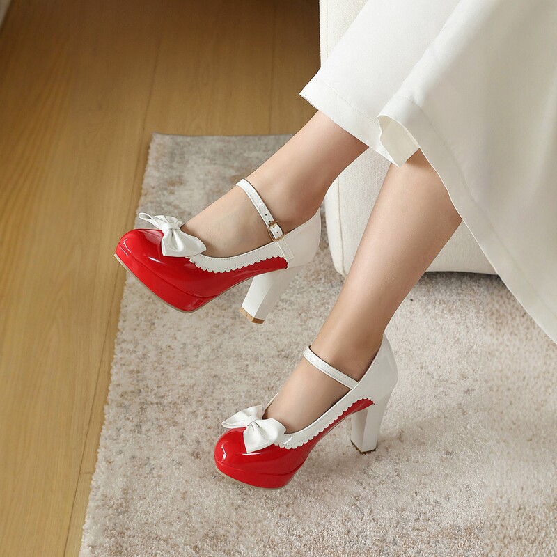 2026 Spring New Lolita Mary Jane Shoes with Bowknot Chunky Heels High Heels for Women Large Sizes 40-48 Cross-Border