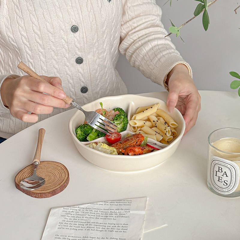 Mooney ins 1人用レース3グリッドセラミックプレート減量サービングプレート朝食プレート分割脂肪減少ホームプレート|undefined