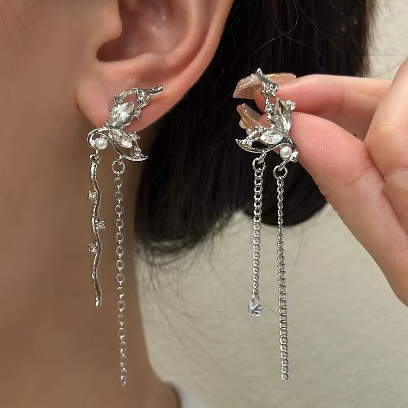 Ассиметричные серьги с кисточками, шпилька из 925-й серебра, корейский минималистичный стиль