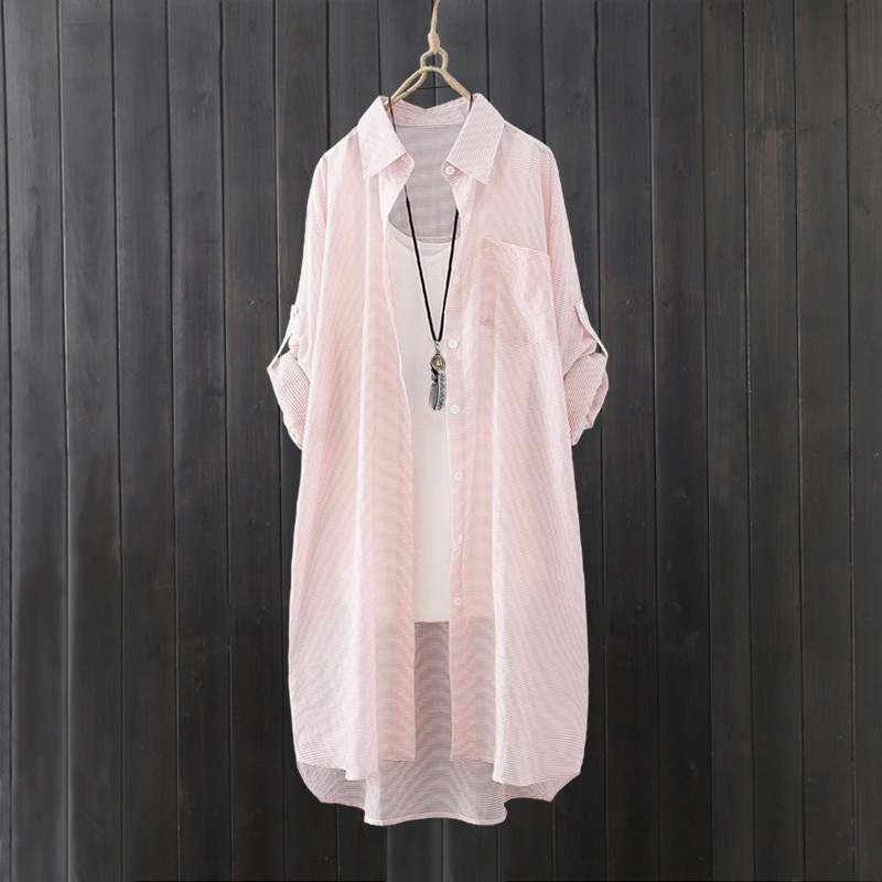 Cross-border export summer shirt long powder striped top loose fashion outer cardigan sunscreen thin coat Cross-border export summer shirt long powder striped top loose fashion outer cardigan sunscreen thin coat