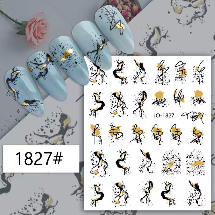 Nuevas pegatinas de uñas de oro de color marmoleado transfronterizo patrón de colina irregular curva dorada en blanco y negro pegatinas astringentes