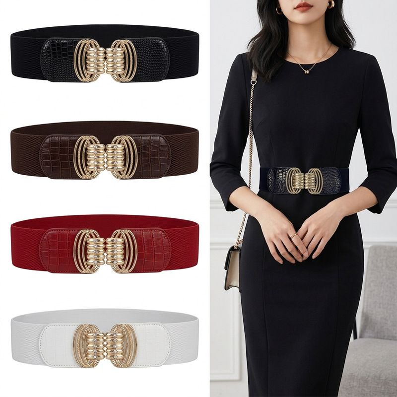 Cross-Border Women's Elastic Wide Waist Belt with Crocodile Pattern, Stretchy Decorative Women's Belt, Versatile for Dresses and Shirts, Black Waist Cincher Cross-Border Women's Elastic Wide Waist Belt with Crocodile Pattern, Stretchy Decorative Women's Belt, Versatile for Dresses and Shirts, Black Waist Cincher