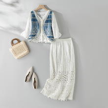 波西米亚复古度假风重工钩花镂空短款开衫马甲百搭半身裙三件套潮