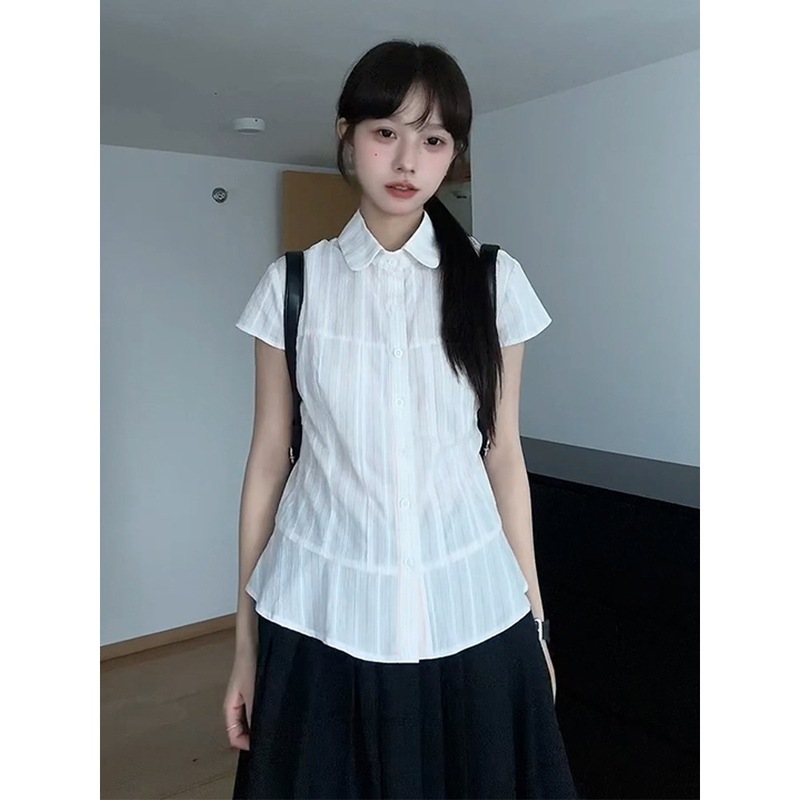 2025夏季新款日系甜妹白色短袖衬衫女简约百搭学生小清新衬衣上衣|undefined