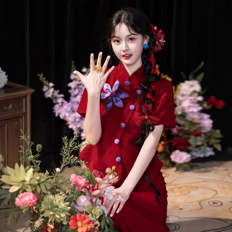 Red Bridal Toast Dress 2026 Summer New Style New Chinese Style Engagement Dress Daily Solid Color Wedding Suit Red Bridal Toast Dress 2026 Summer New Style New Chinese Style Engagement Dress Daily Solid Color Wedding Suit