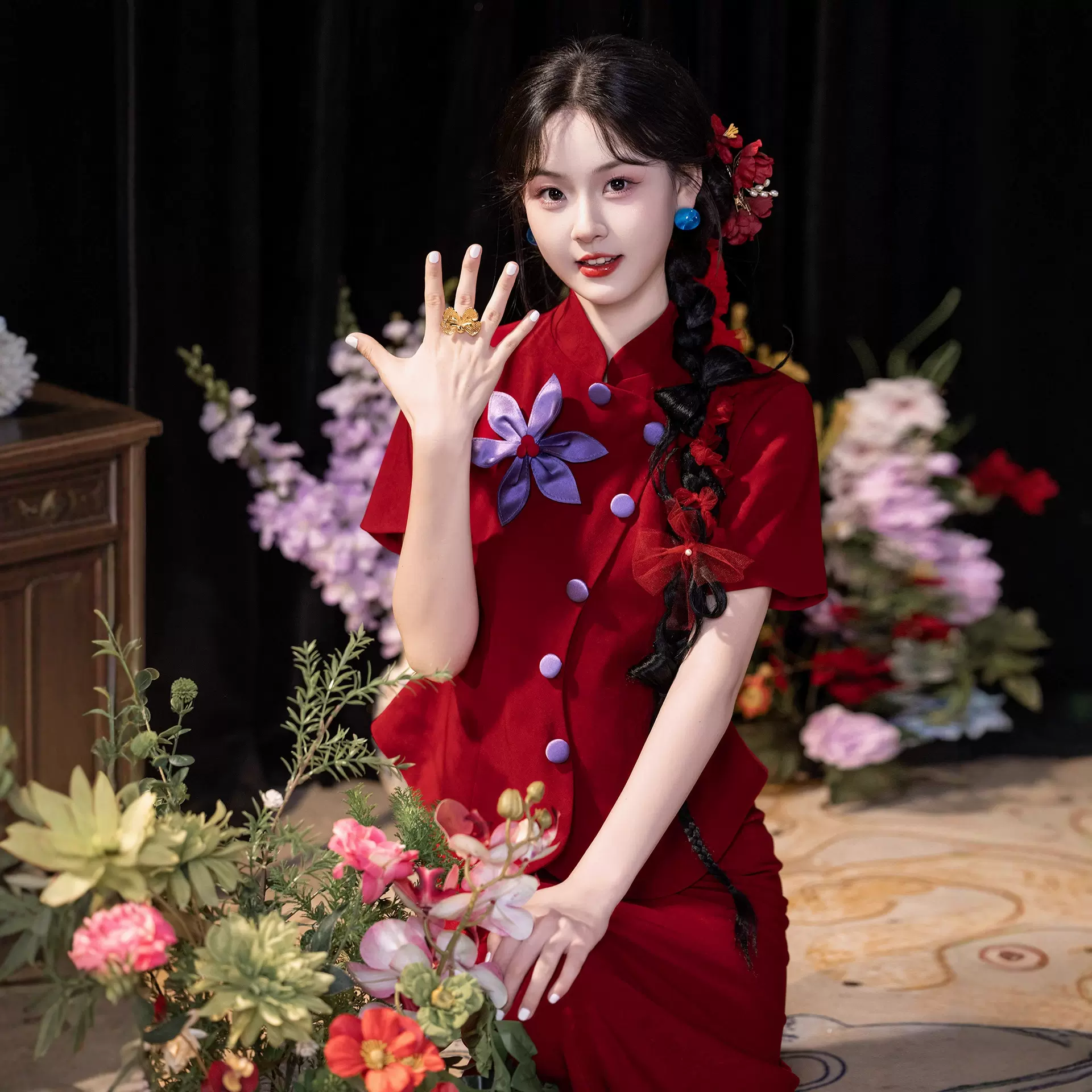 红色新娘敬酒服2026秋冬新款新中式订婚礼服裙日常纯色结婚套装