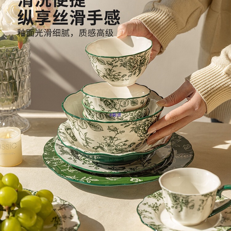 Rose Holiday Retro Tableware Ceramic Bowls and Plates High-Value Dining Table Aesthetic Plates Soup Bowls Rice Bowls