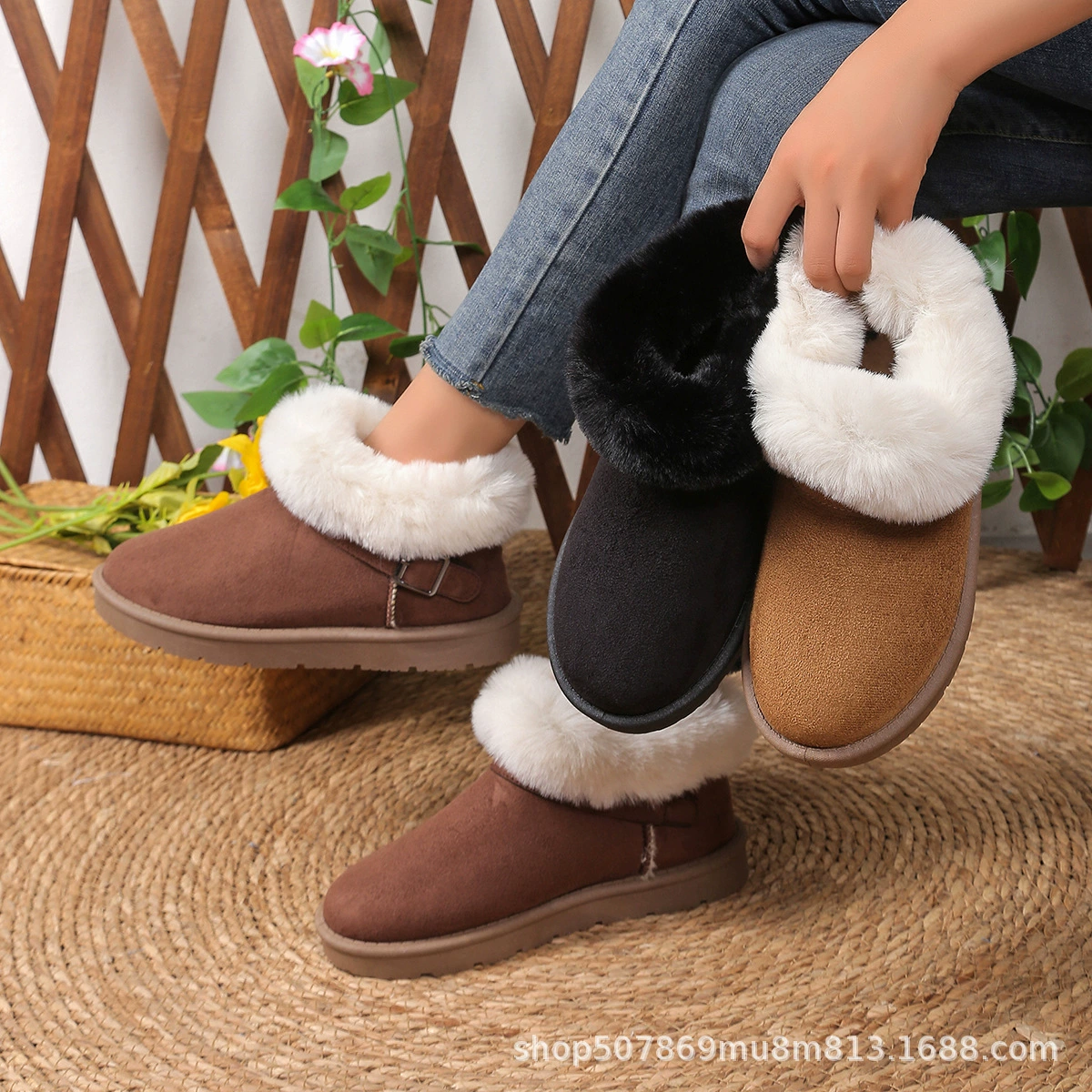Женские зимние ботинки на толстой подошве, европейский и американский стиль, 2024, большие размеры, металлическая пряжка, замша, меховая отделка, хлопковая подкладка