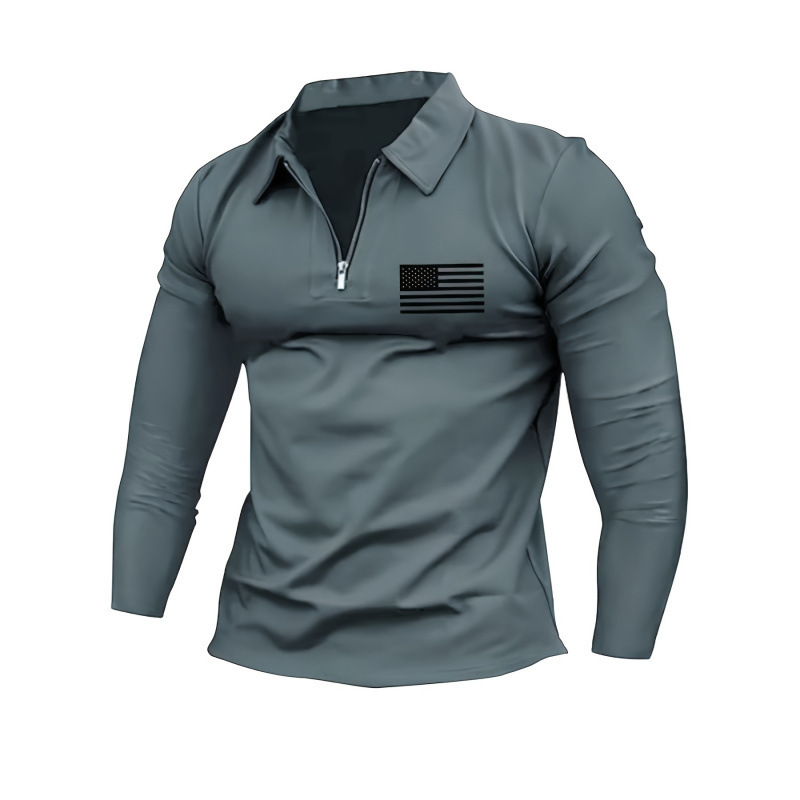 2025 Cross-Border New Men's Polo Shirts American Flag Printed Long-Sleeved Shirts Casual and Fashionable