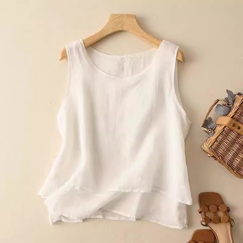 Loose and Comfortable Vintage Simple Design Crew Neck Top with Short Front and Long Back, Cotton-Linen Blend Tank Top for Plus Size