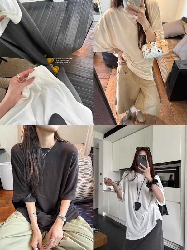 3470 #   superniniyy もちもちミルクシェイク＆無地レイジールーズラウンドネックミッドスリーブ半袖Tシャツトップス|undefined