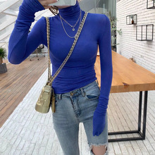 20春秋性感显胸大薄款打底衫纯色短款t恤女包身长袖堆堆高领上衣