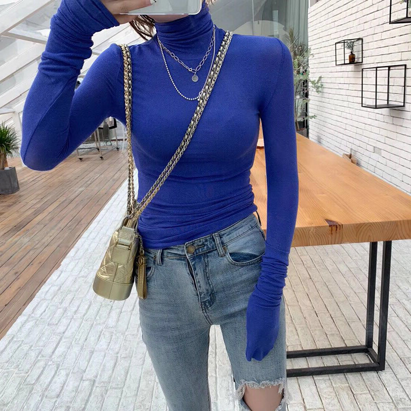 20春秋性感显胸大薄款打底衫纯色短款t恤女包身长袖堆堆高领上衣