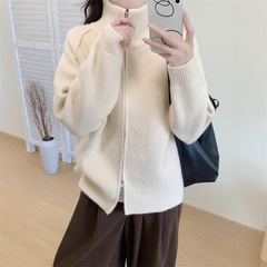 双拉链立领毛衣女装2025秋冬新款设计感休闲软糯厚款针织开衫外套