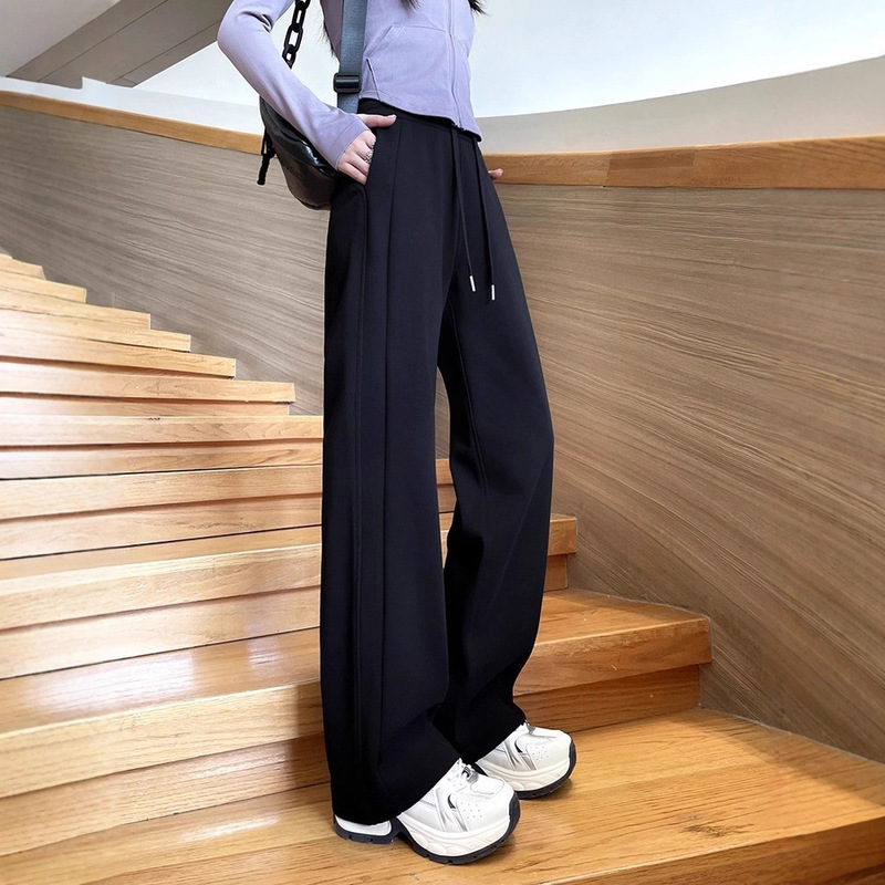 Black Women's Sports Pants, Spring/Summer Thin Style, 2026 New High-Waisted Straight Wide-Leg Pants, Slim-Fit Banana Casual Sweatpants