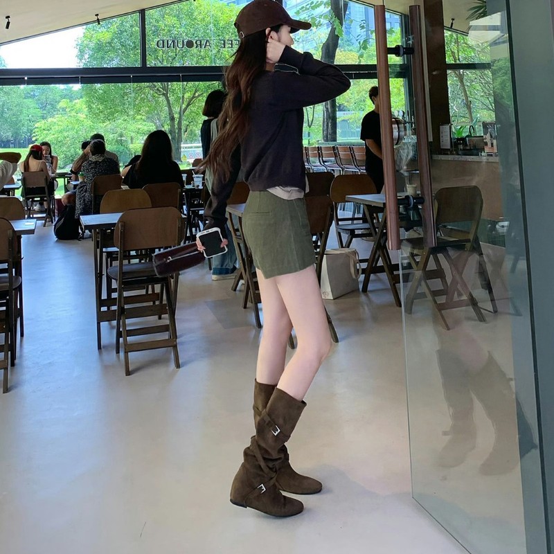 内增高6CM~真皮复古堆堆西部牛仔靴圆头扣带柔软褶皱显瘦中筒靴女|undefined