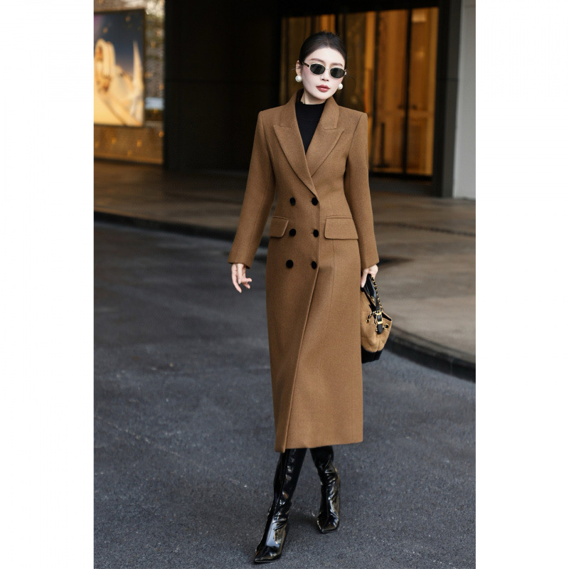 European and American French Women's Slim Wool Blended Double-Breasted Woolen Outwear Long Windbreaker Jacket Simple and High-End