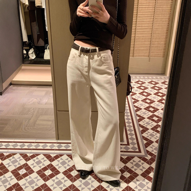 New Beige Denim Jeans for Women, Autumn Style, Slimming, Versatile, Slightly Wide Jeans, Floor-Length Pants, Comes with a Belt New Beige Denim Jeans for Women, Autumn Style, Slimming, Versatile, Slightly Wide Jeans, Floor-Length Pants, Comes with a Belt