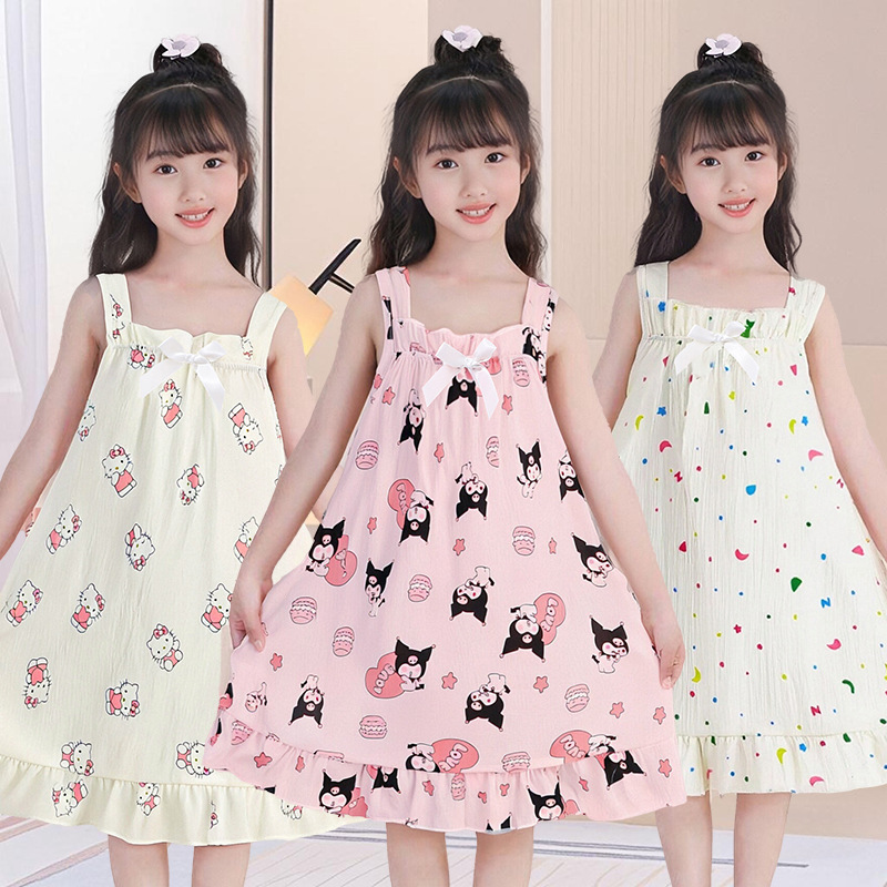 Children's Suspender Nightgown Girls Summer Cloud Cotton Thin Medium and Large Kidsren Cartoon 2025 New Princess Style Home Clothes