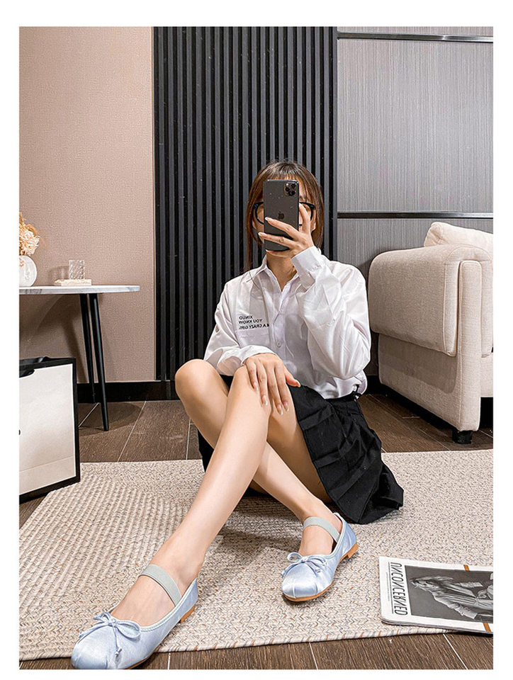 Giày búp bê Mary Jane nữ bằng lụa satin thắt nơ, kiểu giày ba lê Pháp, gót thấp — Hồng lụa, Lụa trắng, Lụa đen, lụa xanh chi tiết 22