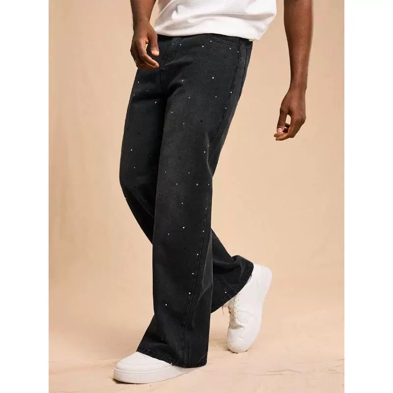 Мужские свободные джинсы с кристаллами, тёмно‑серый washed, relaxed fit