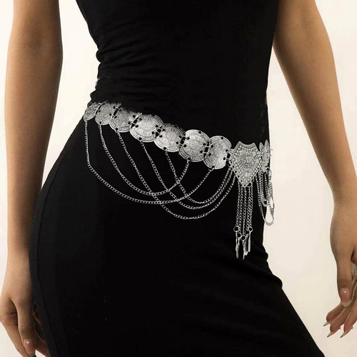 New alloy flower tassel waist chain heavy industry coin belly dance chain ancient Dunhuang flying accessories dress waist