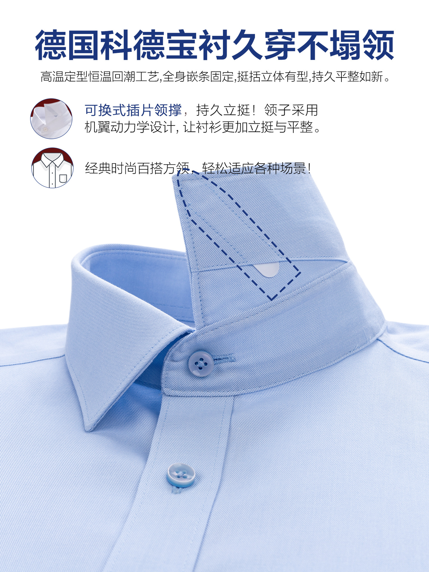 Camisas azules elásticas cómodas de verano de mangas cortas de alto nivel de cuello blanco camisa de hombre de mangas largas herramientas personalizadas sin quemar