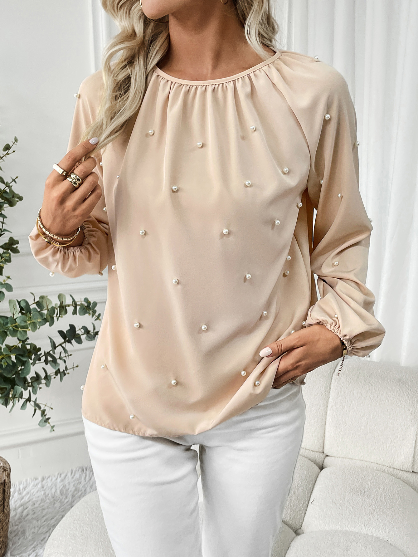 Beaded Lantern Sleeve Blouse