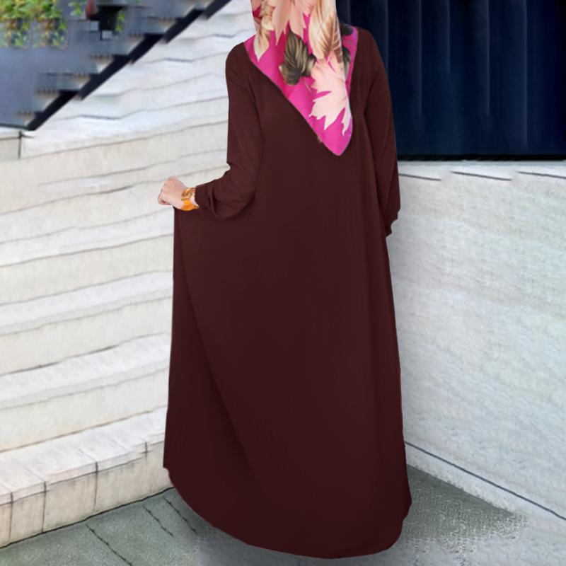 2024穆斯林女装阿拉伯风气质优雅百褶裙纯色圆领长袖褶皱连衣裙详情39