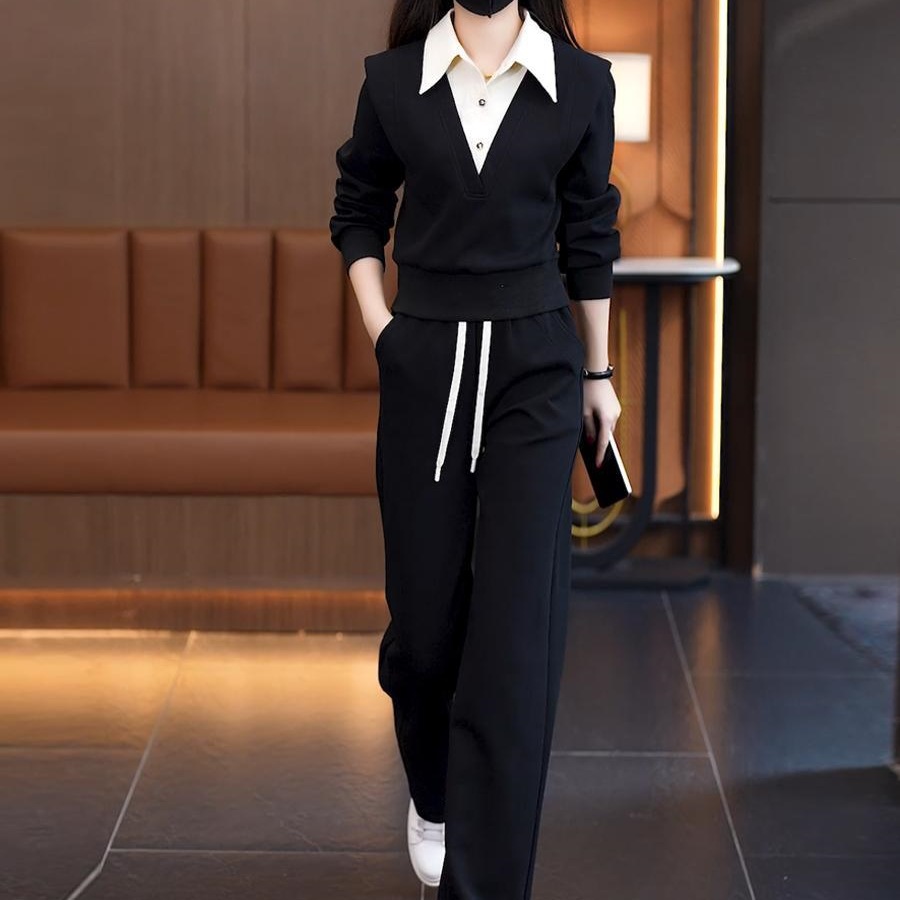 2025新款时尚休闲套装女早秋设计感假两件Polo衫上衣阔腿裤两件套