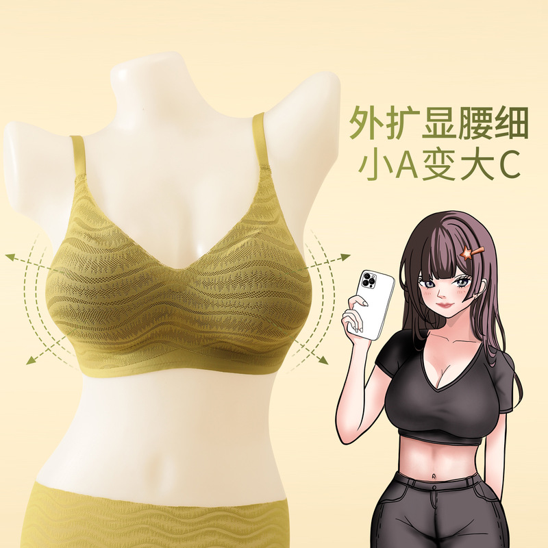 [Cartoon Chest Enlarged Underwear] Sexy Lace Comfortable Thickened Cup Small Chest Large Gather Soft Support Bra for Women
