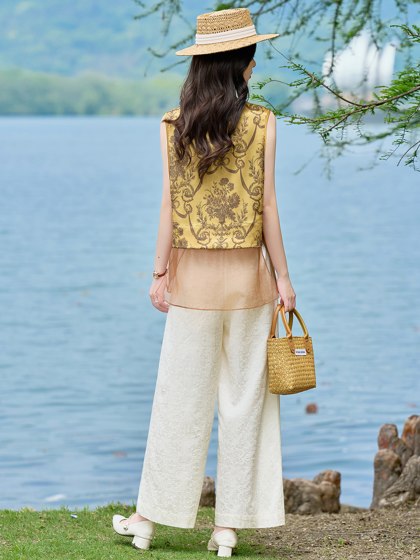 Bộ áo vest gile in họa tiết và quần ống suông phối đồ vintage nữ — Bầu hồ lô, Màu vàng chảy