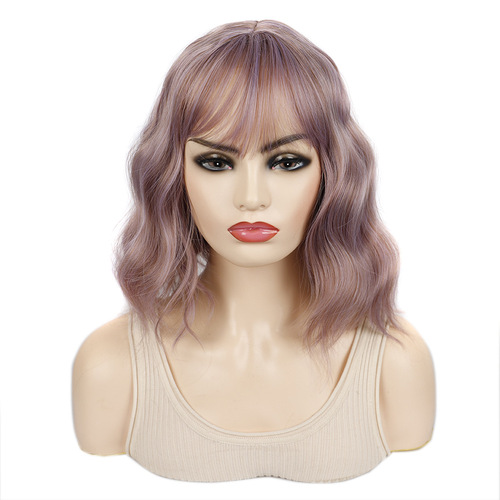 Water ripple wig, colorful daily short hair fluffy thin bangs wig, short curly hair wig