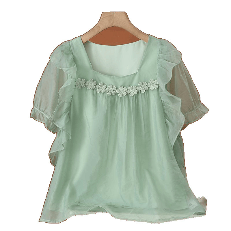 Summer Square Collar Chiffon Shirt Women's Short Sleeves 2024 New Fashion Style Lace Flower