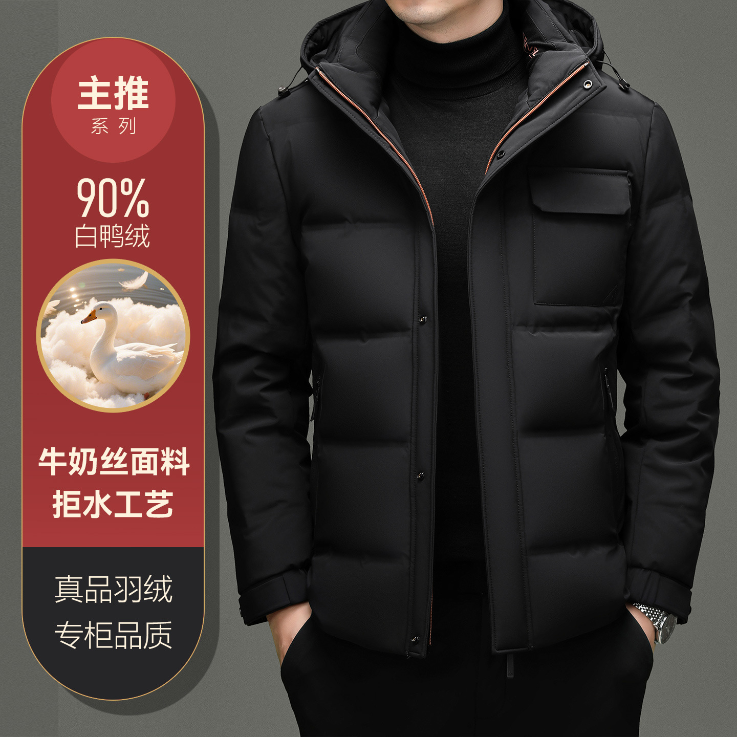 品牌主推冬季士加厚保暖牛奶丝羽绒服男款中年男士高端脱卸帽新款