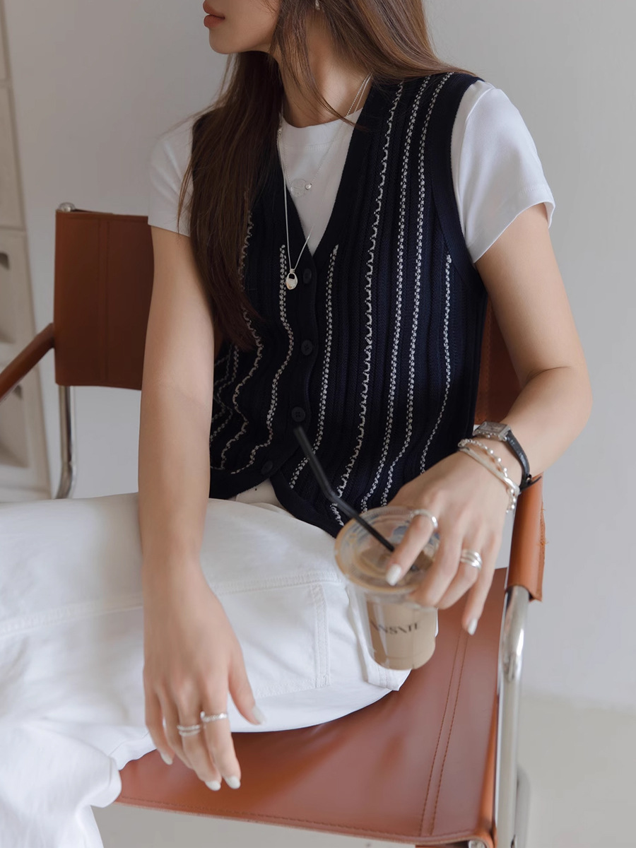 Áo gile dệt kim sọc xanh cổ chữ V phong cách vintage mặc ngoài mùa hè — Màu xanh lam