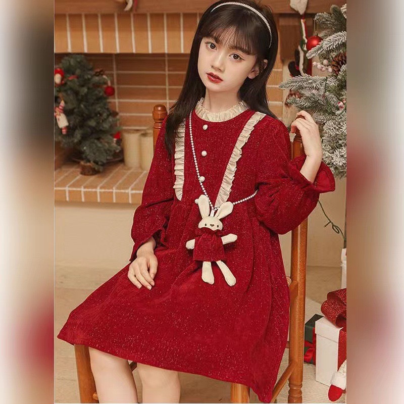 Robe de noël pour filles, nouvelle mode automne/hiver 2023, robe de princesse rouge douce à la mode, ligne a trésor pour femmes_voghion.com